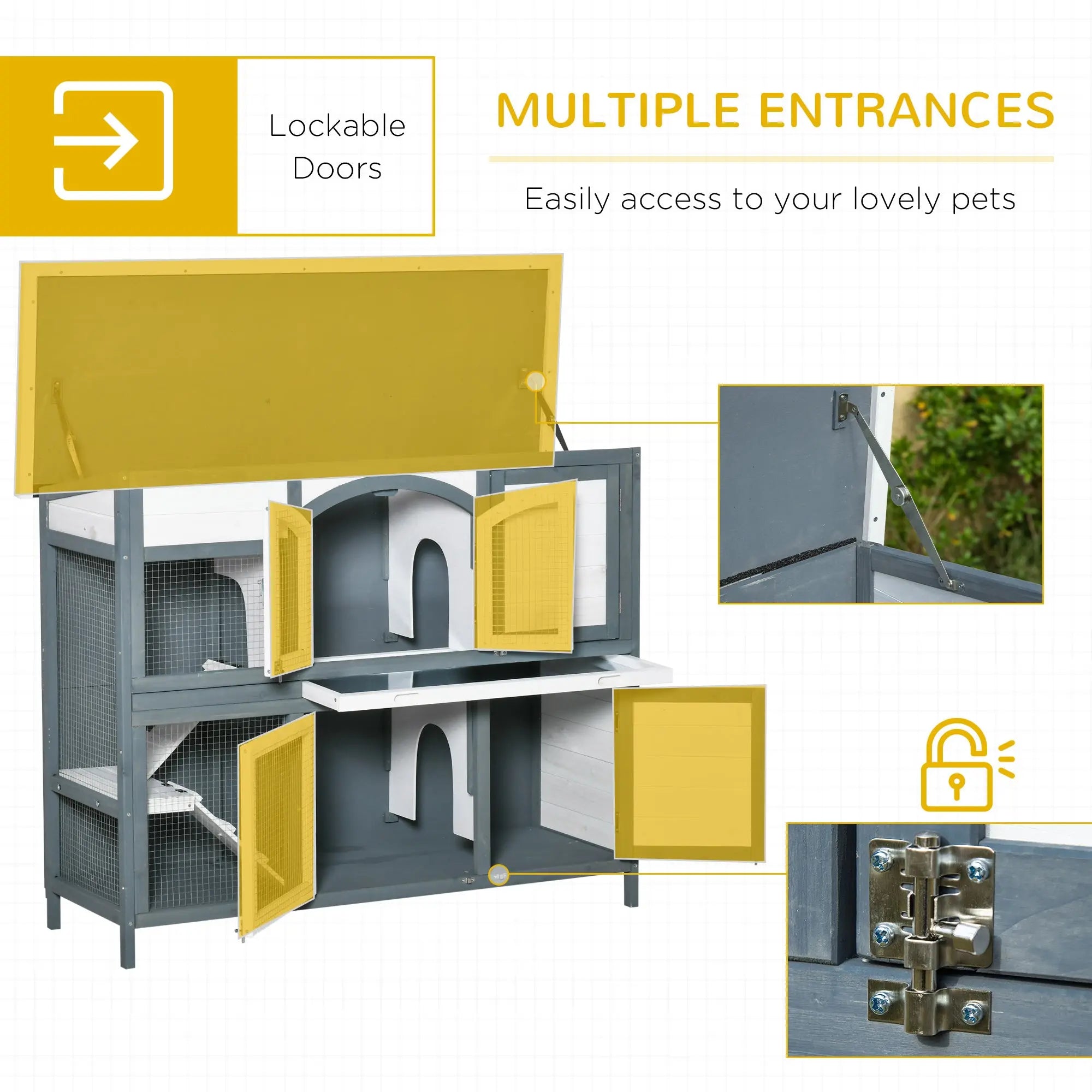PawHut Rabbit Hutch Outdoor Guinea Pig Hutch 2 Tier Wooden Cage w/ Ramp, Divider, Openable Roof, 125 x 48 x 100cm - Grey 