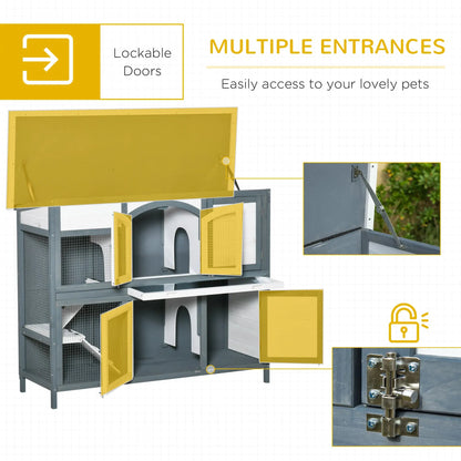 PawHut Rabbit Hutch Outdoor Guinea Pig Hutch 2 Tier Wooden Cage w/ Ramp, Divider, Openable Roof, 125 x 48 x 100cm - Grey 