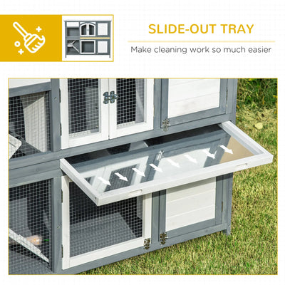 PawHut Rabbit Hutch Outdoor Guinea Pig Hutch 2 Tier Wooden Cage w/ Ramp, Divider, Openable Roof, 125 x 48 x 100cm - Grey 