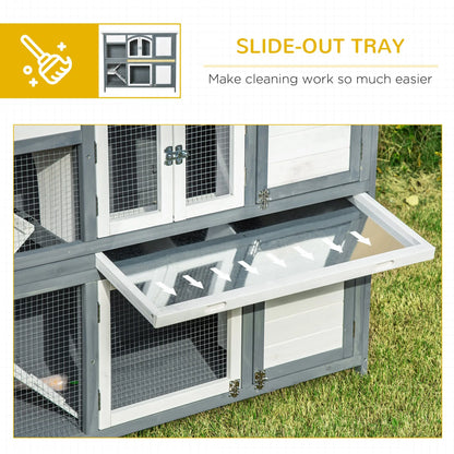 PawHut Rabbit Hutch Outdoor Guinea Pig Hutch 2 Tier Wooden Cage w/ Ramp, Divider, Openable Roof, 125 x 48 x 100cm - Grey 