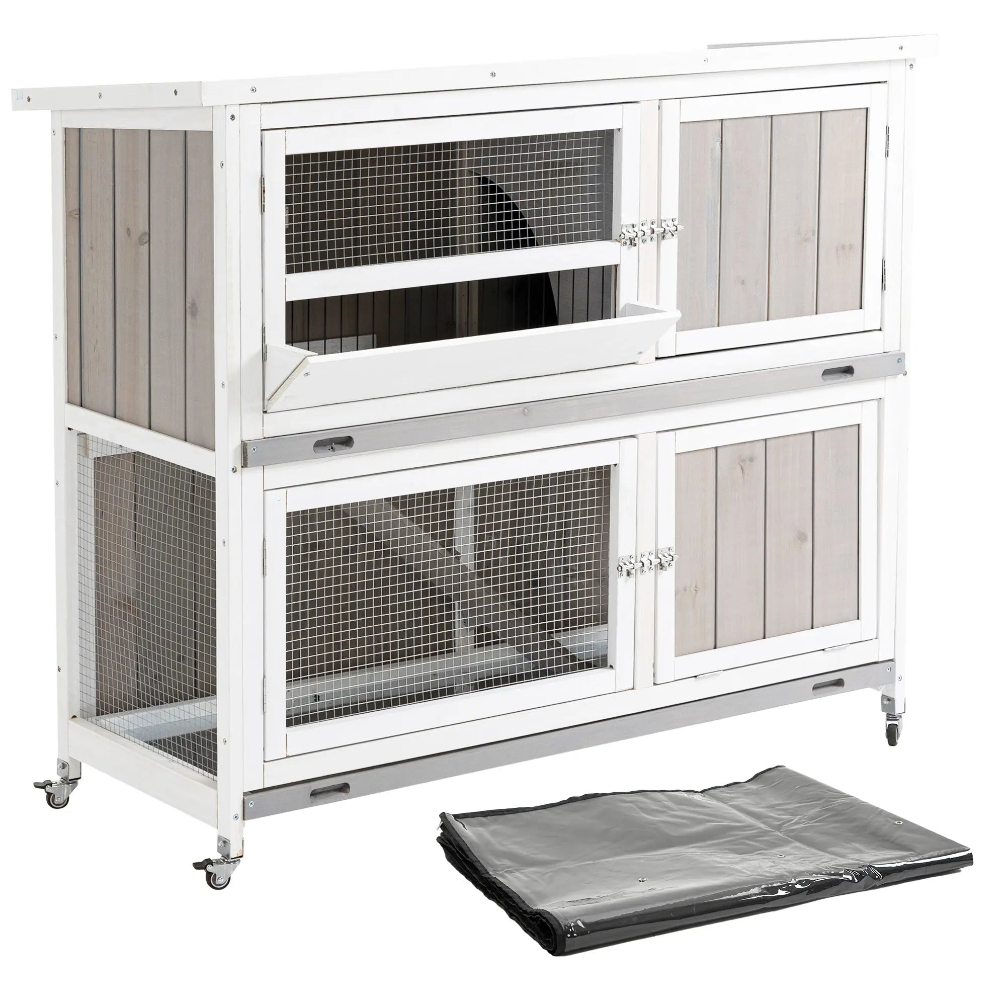 PawHut Rabbit Hutch Outdoor Guinea Pig Hutch Wooden Bunny House with Rain Cover Wheels for Indoor Outdoor, 122 x50 x100cm - Grey 