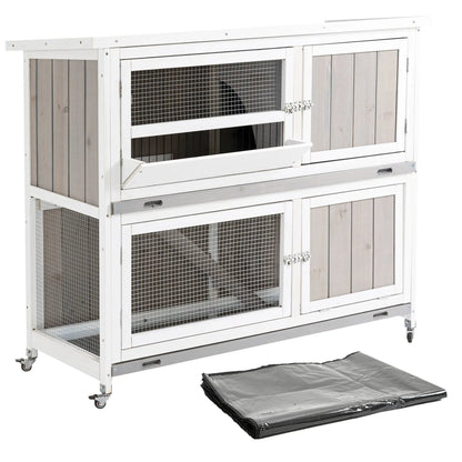 PawHut Rabbit Hutch Outdoor Guinea Pig Hutch Wooden Bunny House with Rain Cover Wheels for Indoor Outdoor, 122 x50 x100cm - Grey 