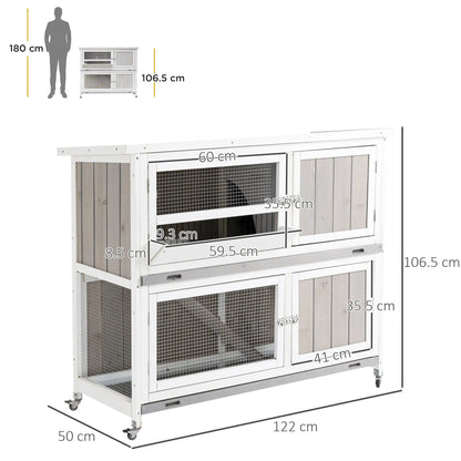 PawHut Rabbit Hutch Outdoor Guinea Pig Hutch Wooden Bunny House with Rain Cover Wheels for Indoor Outdoor, 122 x50 x100cm - Grey 