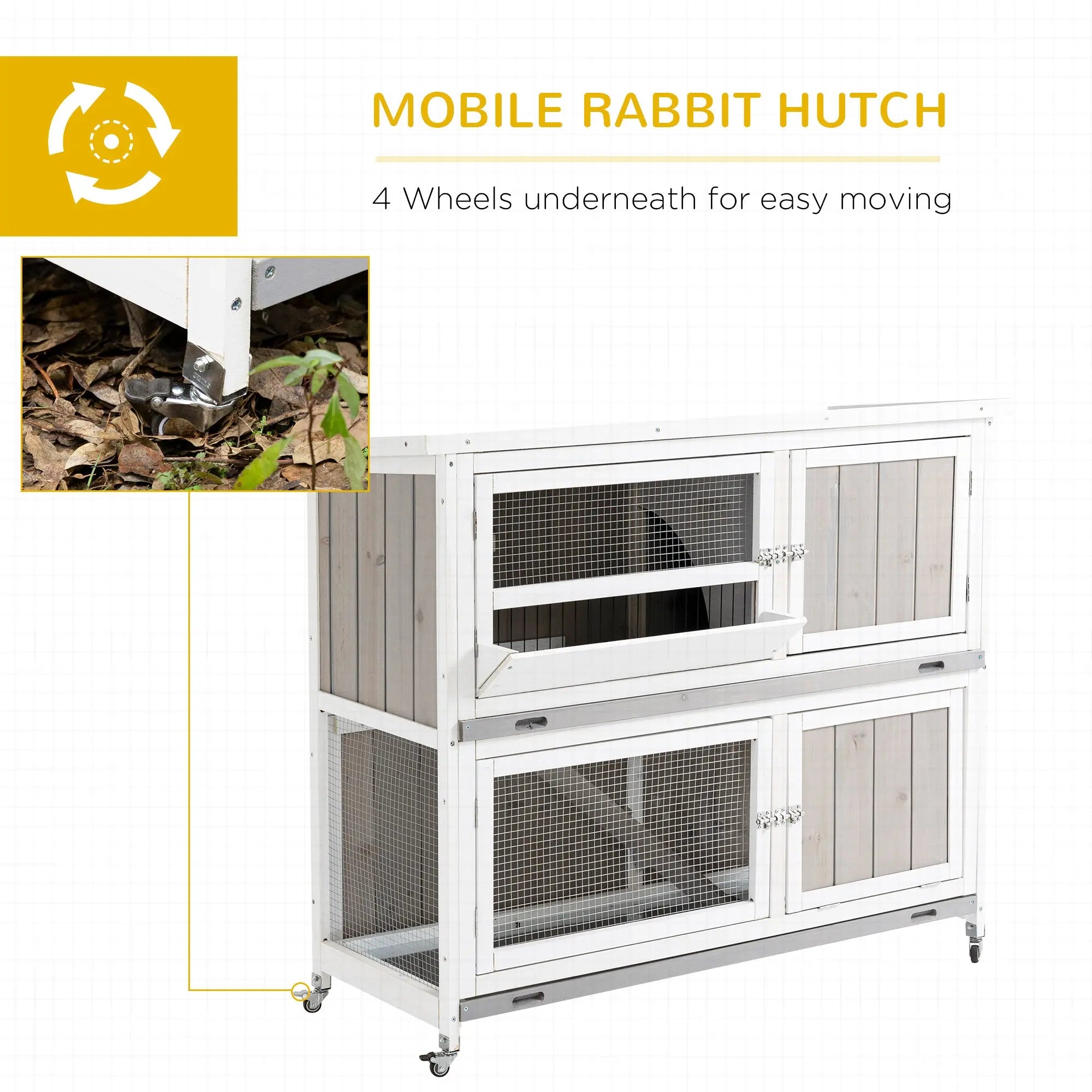 PawHut Rabbit Hutch Outdoor Guinea Pig Hutch Wooden Bunny House with Rain Cover Wheels for Indoor Outdoor, 122 x50 x100cm - Grey 