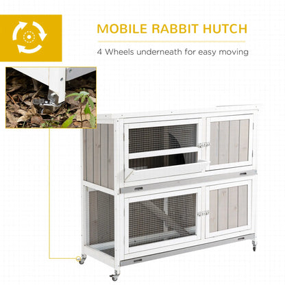 PawHut Rabbit Hutch Outdoor Guinea Pig Hutch Wooden Bunny House with Rain Cover Wheels for Indoor Outdoor, 122 x50 x100cm - Grey 