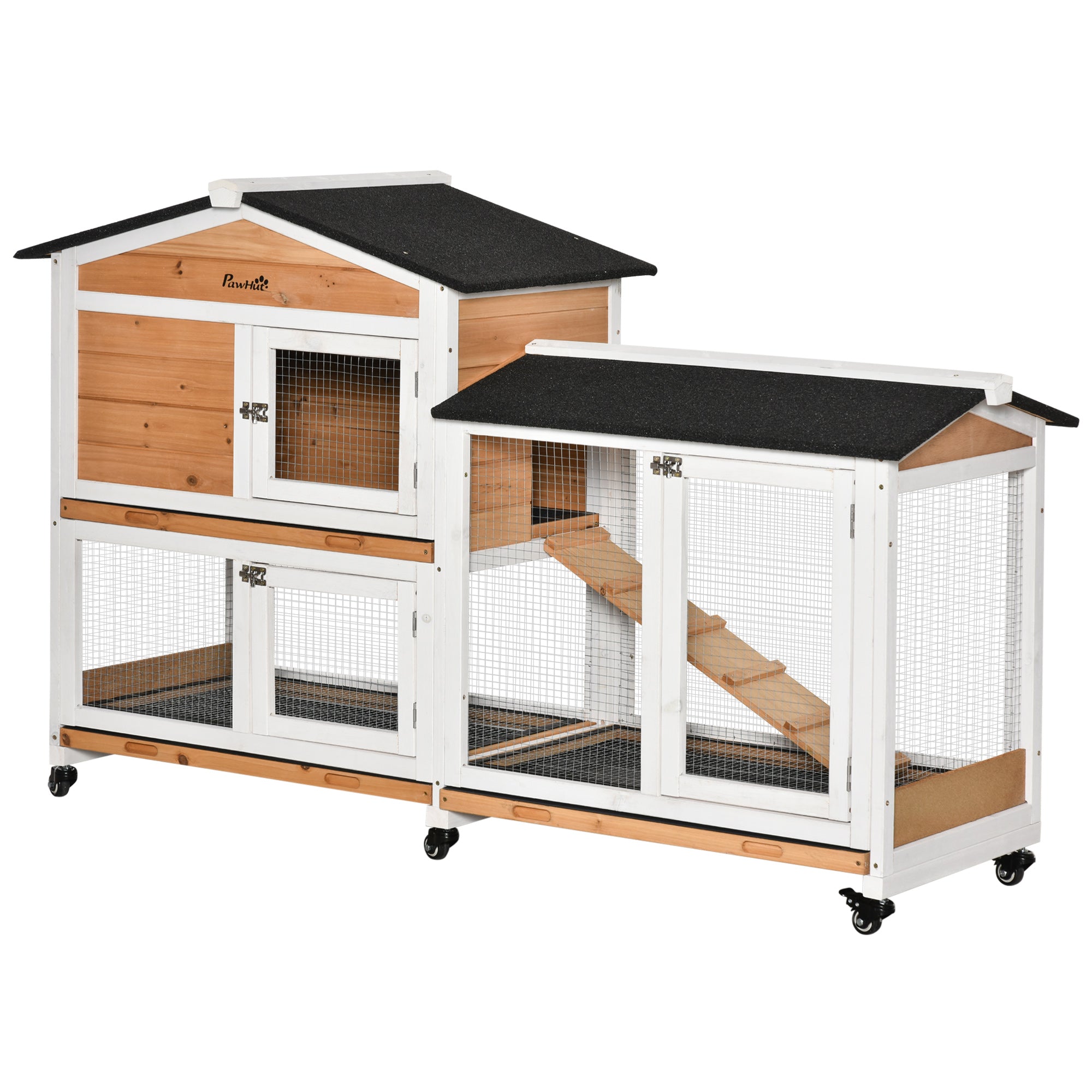 PawHut Rabbit Hutch Outdoor with Run Guinea Pig Hutch 2-Tier Bunny Cage w/ Wheels No-Leak Plastic Tray 157.4 x 53 x 99.5 cm - Yellow 