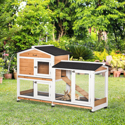 PawHut Rabbit Hutch Outdoor with Run Guinea Pig Hutch 2-Tier Bunny Cage w/ Wheels No-Leak Plastic Tray 157.4 x 53 x 99.5 cm - Yellow 