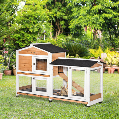 PawHut Rabbit Hutch Outdoor with Run Guinea Pig Hutch 2-Tier Bunny Cage w/ Wheels No-Leak Plastic Tray 157.4 x 53 x 99.5 cm - Yellow 