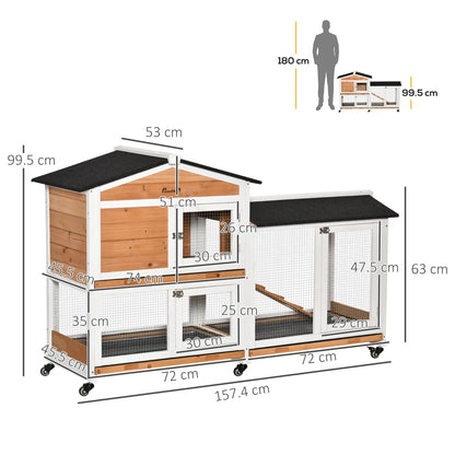 PawHut Rabbit Hutch Outdoor with Run Guinea Pig Hutch 2-Tier Bunny Cage w/ Wheels No-Leak Plastic Tray 157.4 x 53 x 99.5 cm - Yellow 