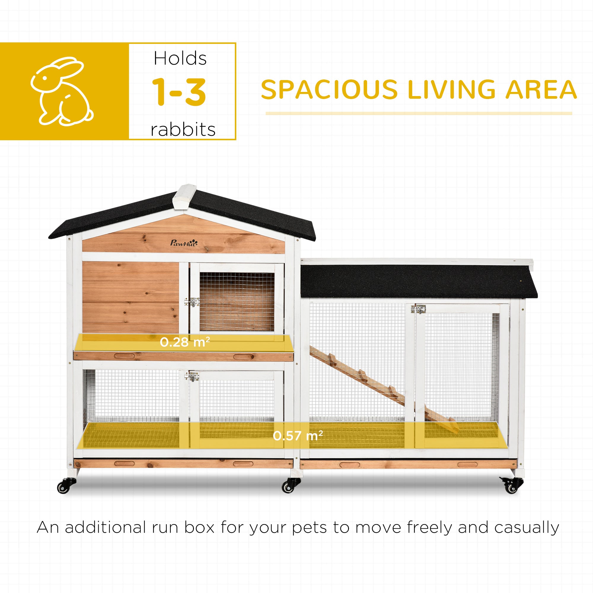 PawHut Rabbit Hutch Outdoor with Run Guinea Pig Hutch 2-Tier Bunny Cage w/ Wheels No-Leak Plastic Tray 157.4 x 53 x 99.5 cm - Yellow 