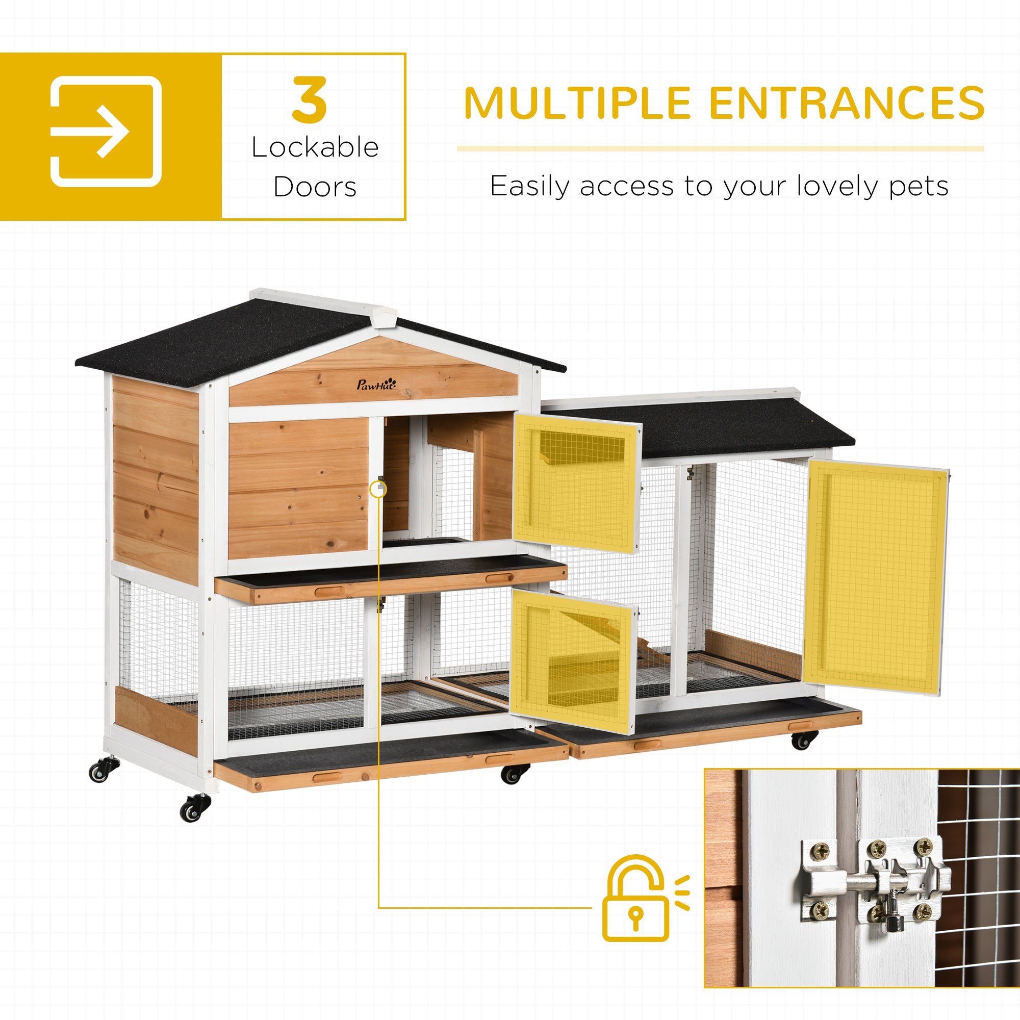PawHut Rabbit Hutch Outdoor with Run Guinea Pig Hutch 2-Tier Bunny Cage w/ Wheels No-Leak Plastic Tray 157.4 x 53 x 99.5 cm - Yellow 