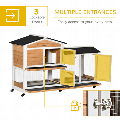 PawHut Rabbit Hutch Outdoor with Run Guinea Pig Hutch 2-Tier Bunny Cage w/ Wheels No-Leak Plastic Tray 157.4 x 53 x 99.5 cm - Yellow 
