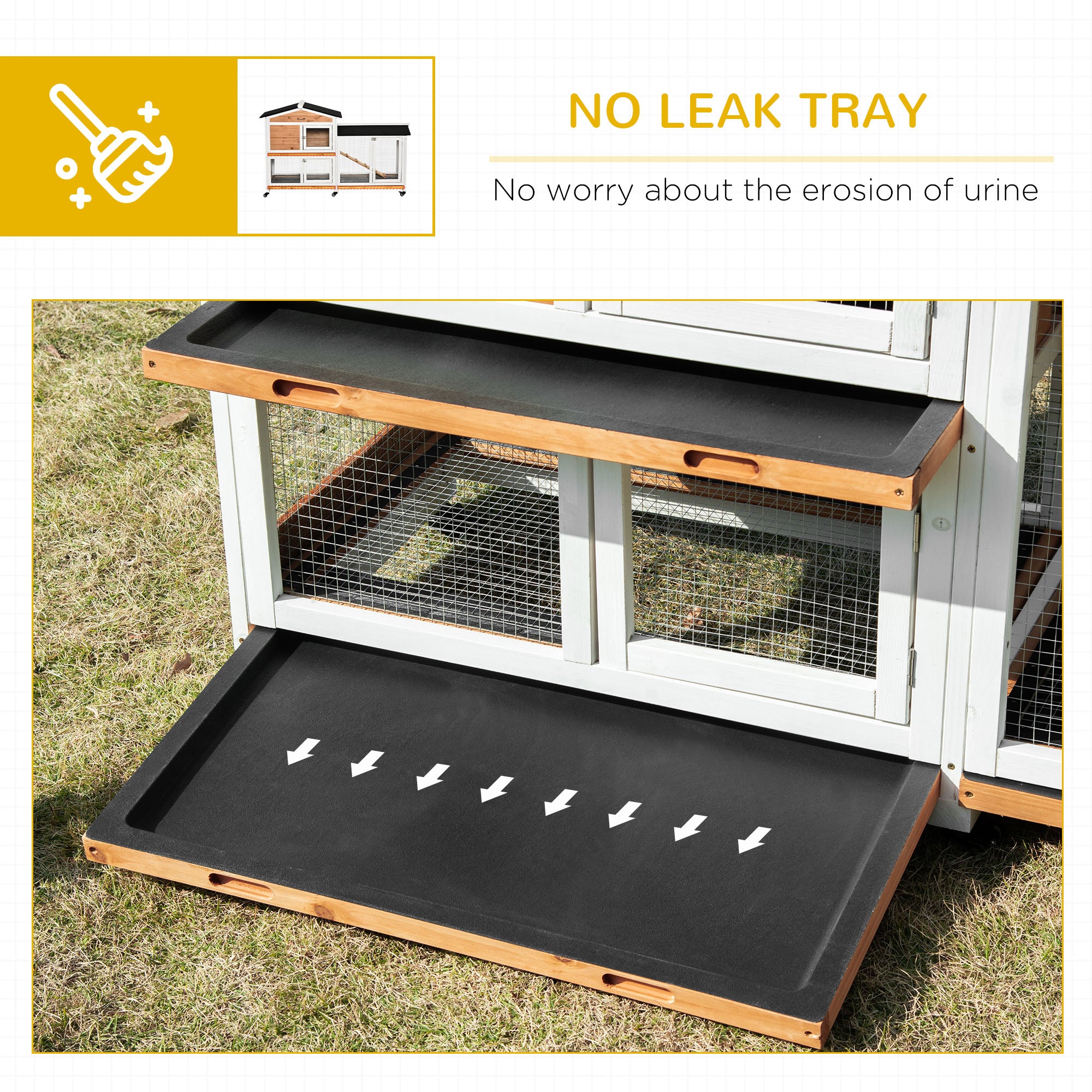 PawHut Rabbit Hutch Outdoor with Run Guinea Pig Hutch 2-Tier Bunny Cage w/ Wheels No-Leak Plastic Tray 157.4 x 53 x 99.5 cm - Yellow 