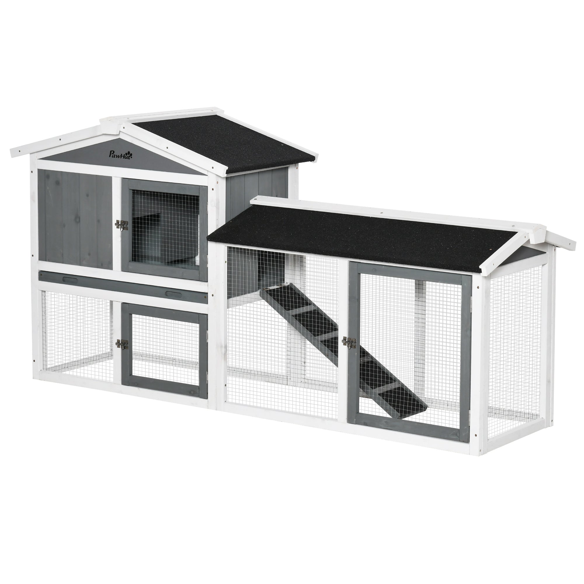 PawHut Rabbit Hutch Outdoor, 2-Tier Guinea Pig Hutch, Wooden Small Animal House with Rabbit Run Box, Slide-out Tray, Ramp, 175.8 x 52 x 85.5 cm, White 