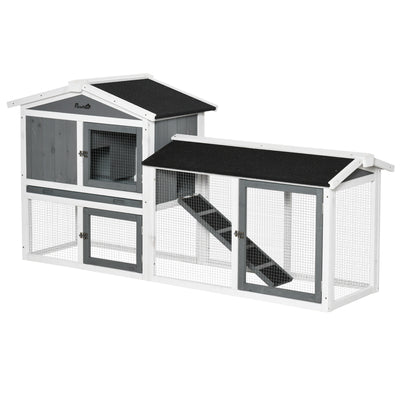 PawHut Rabbit Hutch Outdoor, 2-Tier Guinea Pig Hutch, Wooden Small Animal House with Rabbit Run Box, Slide-out Tray, Ramp, 175.8 x 52 x 85.5 cm, White 
