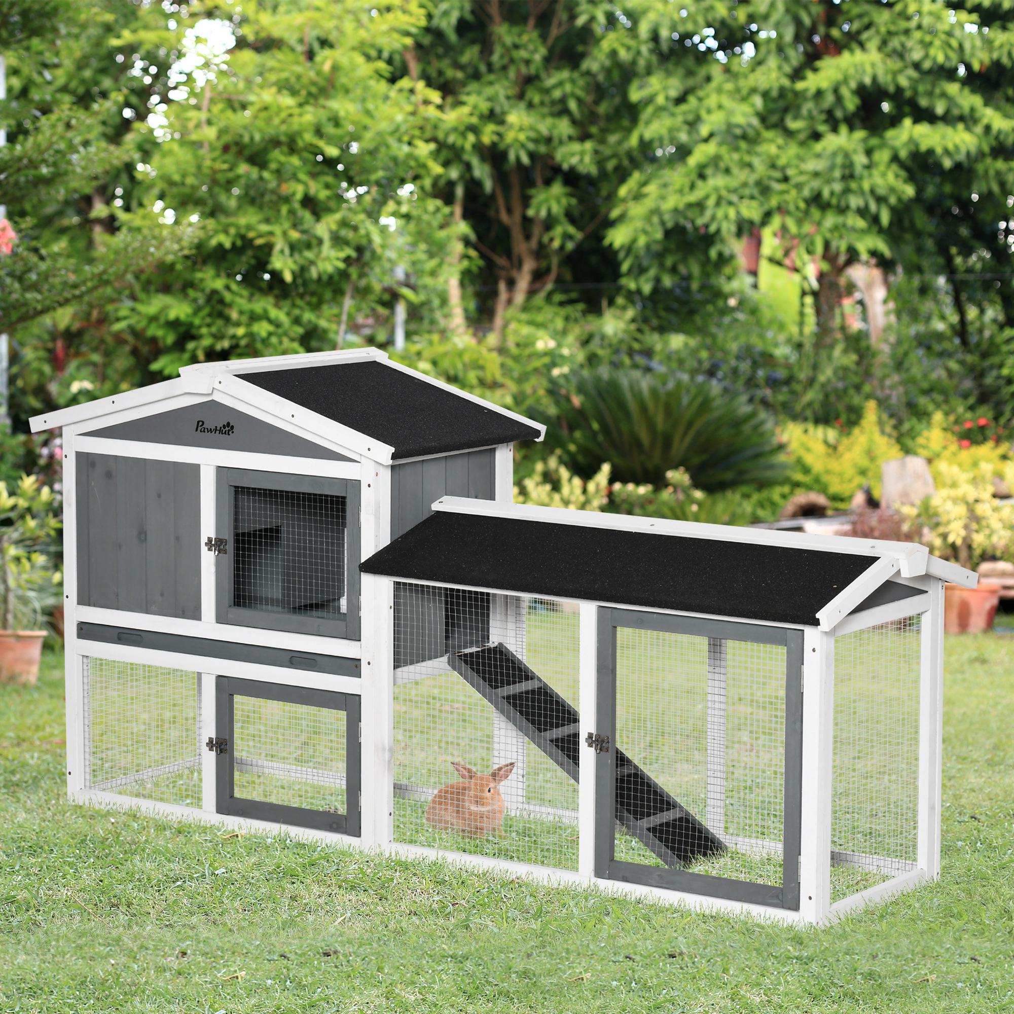 PawHut Rabbit Hutch Outdoor, 2-Tier Guinea Pig Hutch, Wooden Small Animal House with Rabbit Run Box, Slide-out Tray, Ramp, 175.8 x 52 x 85.5 cm, White 