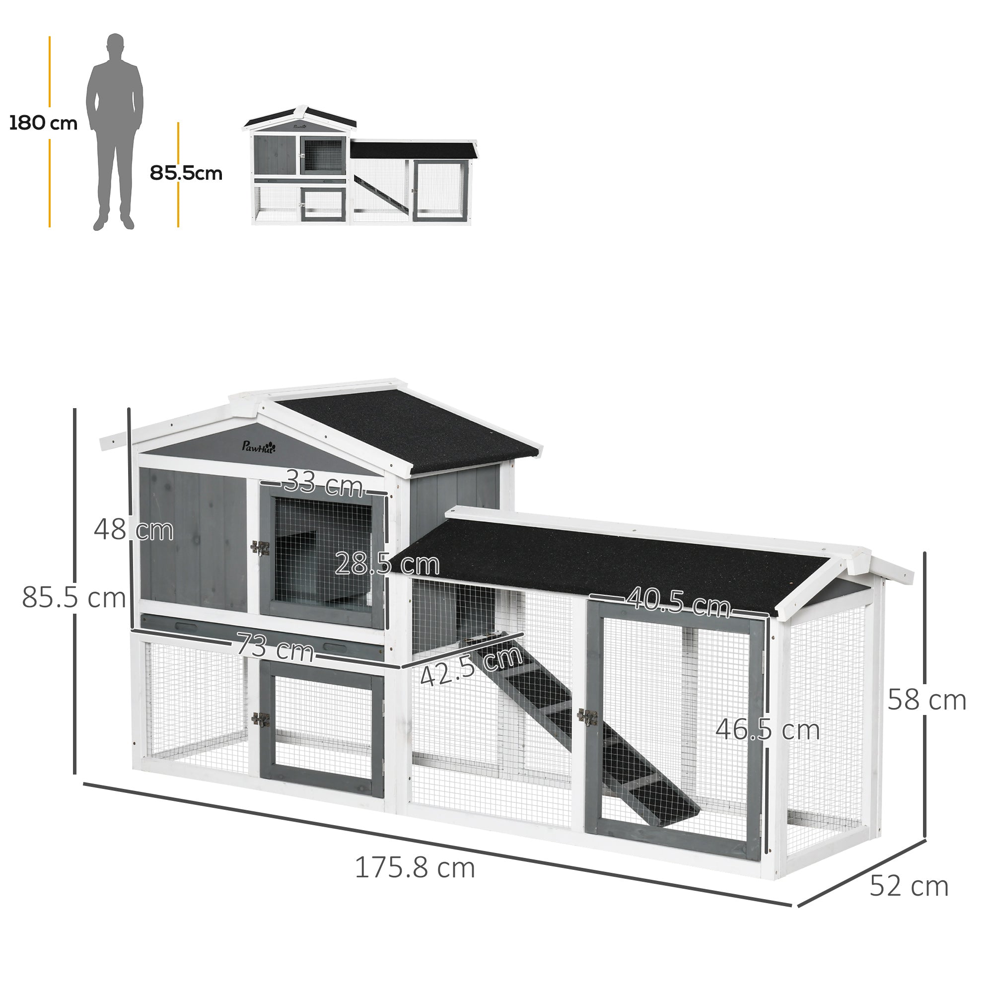 PawHut Rabbit Hutch Outdoor, 2-Tier Guinea Pig Hutch, Wooden Small Animal House with Rabbit Run Box, Slide-out Tray, Ramp, 175.8 x 52 x 85.5 cm, White 