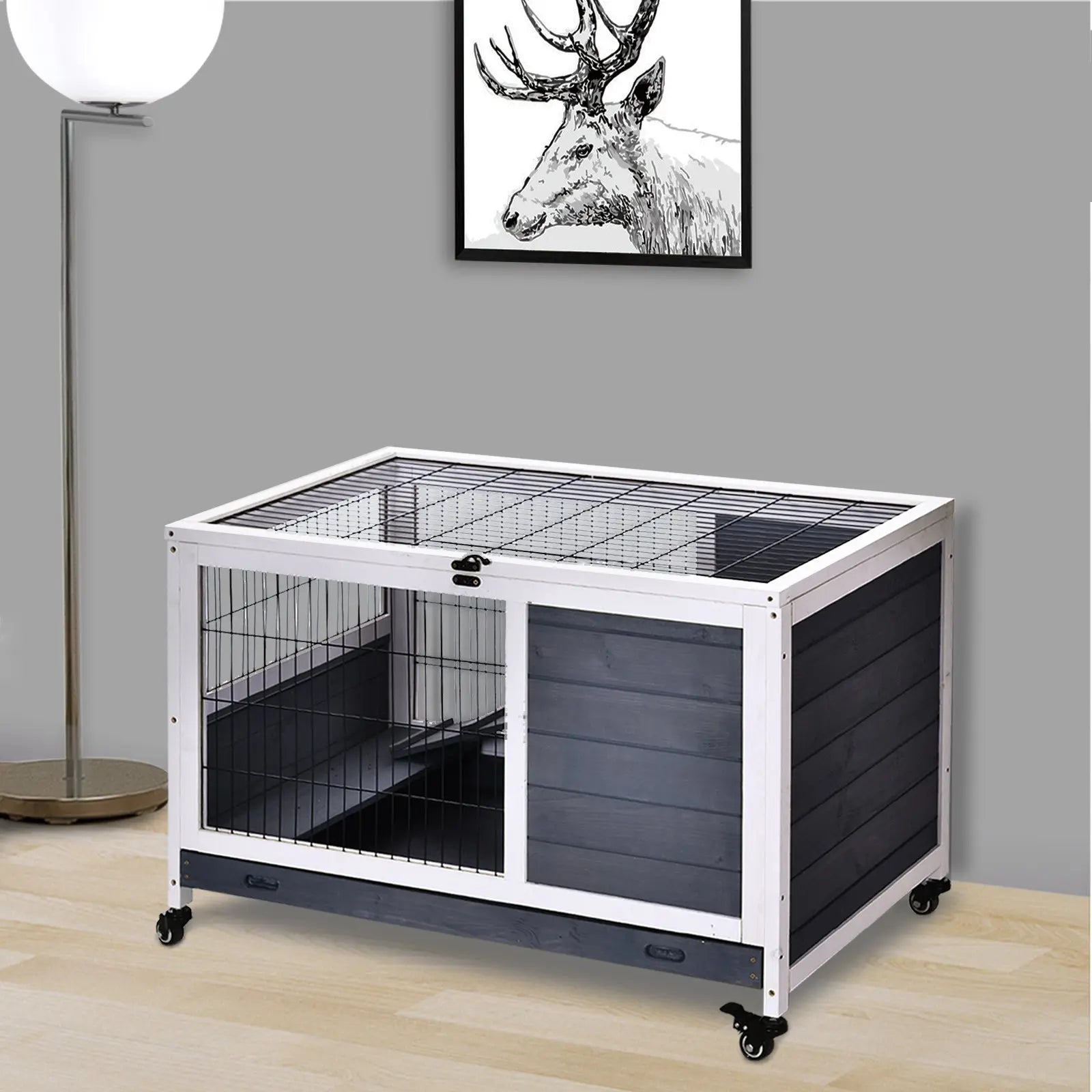 PawHut Rabbits Indoor Fir Wood Lift-Top Hutch Guinea Pigs Hutches-Grey and White 