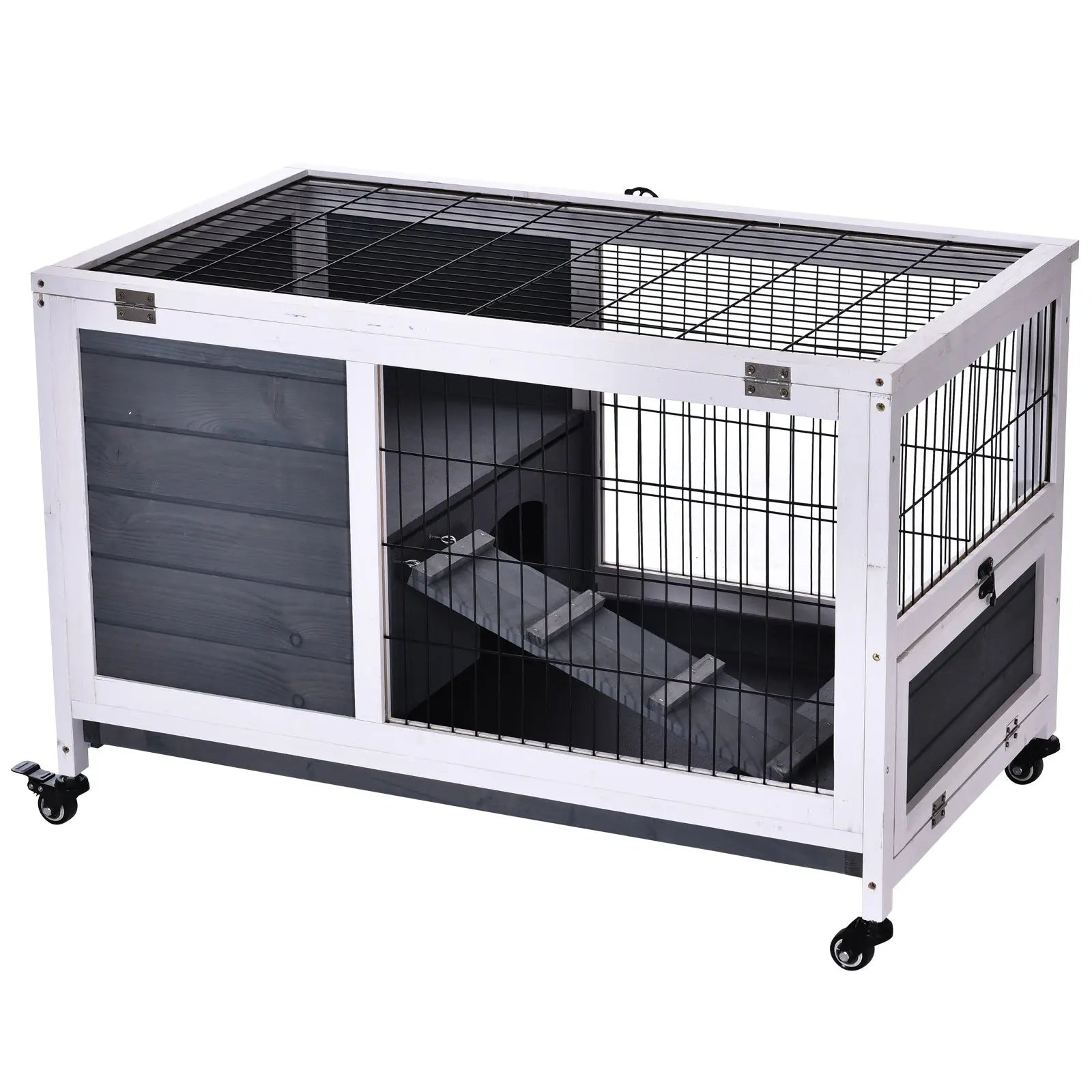 PawHut Rabbits Indoor Fir Wood Lift-Top Hutch Guinea Pigs Hutches-Grey and White 