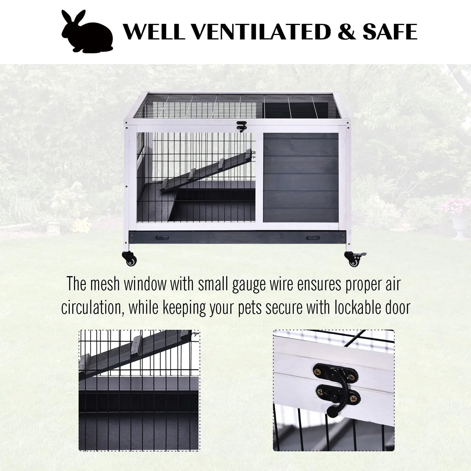 PawHut Rabbits Indoor Fir Wood Lift-Top Hutch Guinea Pigs Hutches-Grey and White 