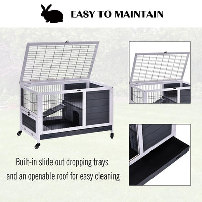 PawHut Rabbits Indoor Fir Wood Lift-Top Hutch Guinea Pigs Hutches-Grey and White 