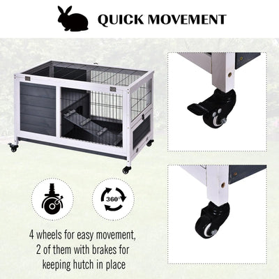 PawHut Rabbits Indoor Fir Wood Lift-Top Hutch Guinea Pigs Hutches-Grey and White 
