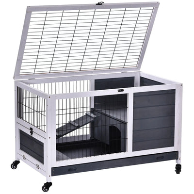 PawHut Rabbits Indoor Fir Wood Lift-Top Hutch Guinea Pigs Hutches-Grey and White 