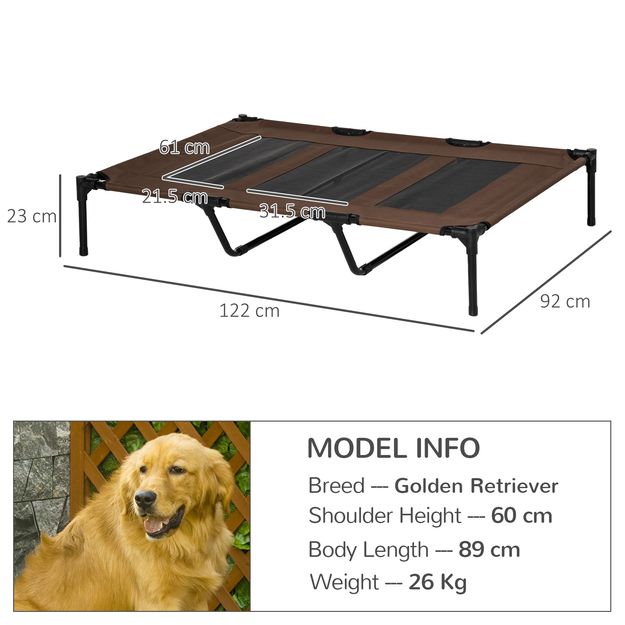 PawHut Raised Dog Bed Cooling Elevated Pet Cot with Breathable Mesh for Indoor Outdoor Use Brown, XX Large, 122 x 92 x 23cm 