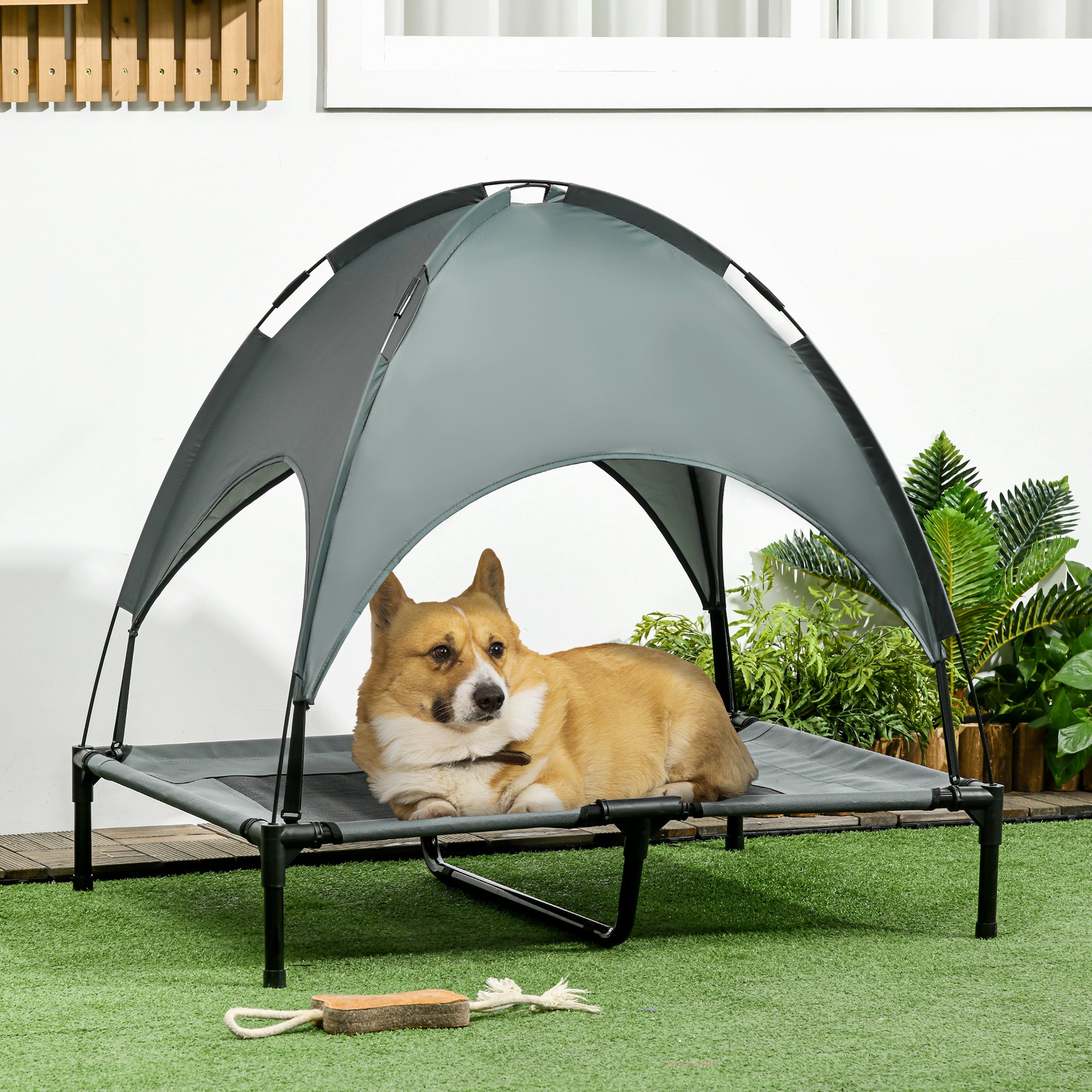 PawHut Raised Dog Bed Waterproof Elevated Pet Cot with Breathable Mesh UV Protection Canopy Grey, for Large Dogs, 92 x 76 x 90cm 