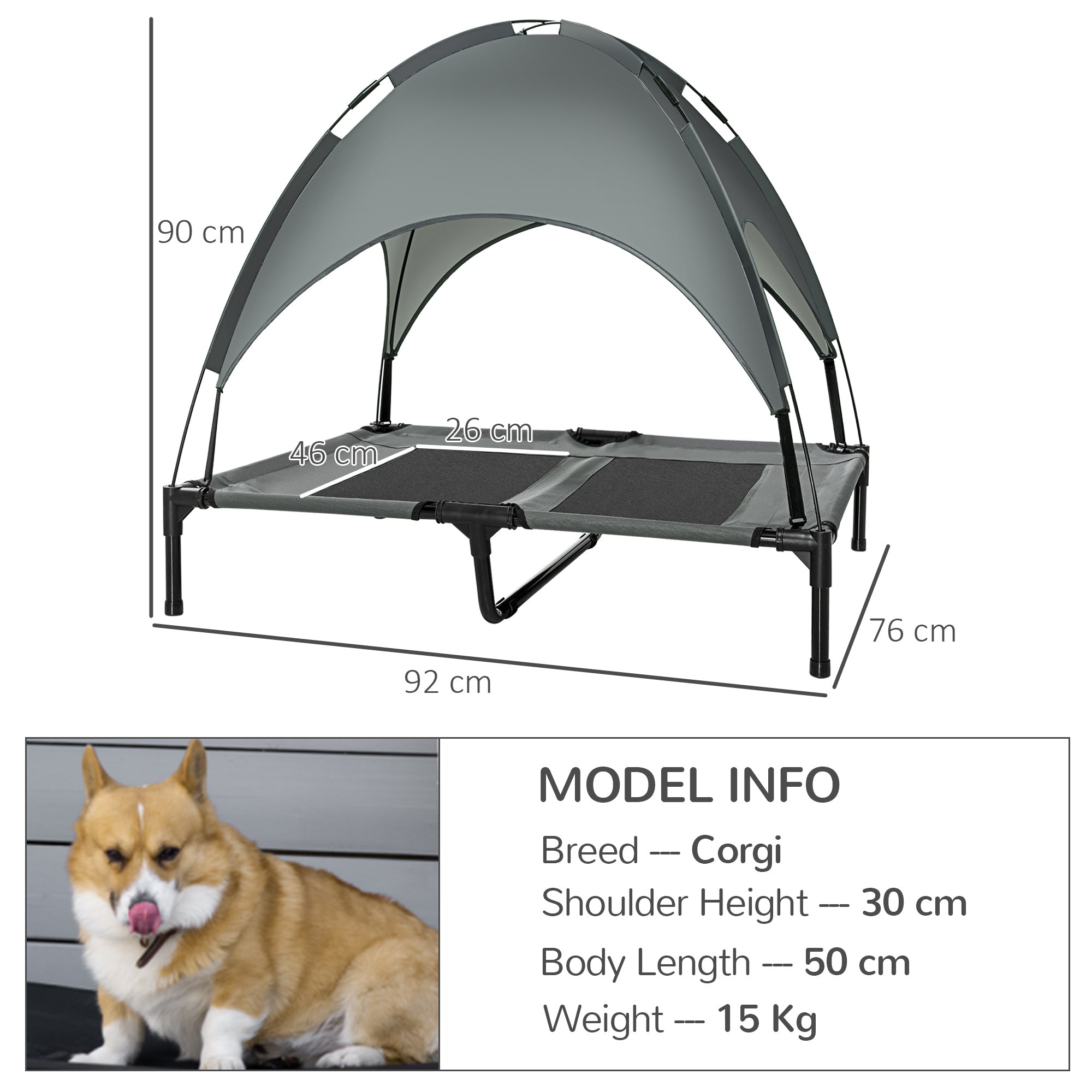 PawHut Raised Dog Bed Waterproof Elevated Pet Cot with Breathable Mesh UV Protection Canopy Grey, for Large Dogs, 92 x 76 x 90cm 