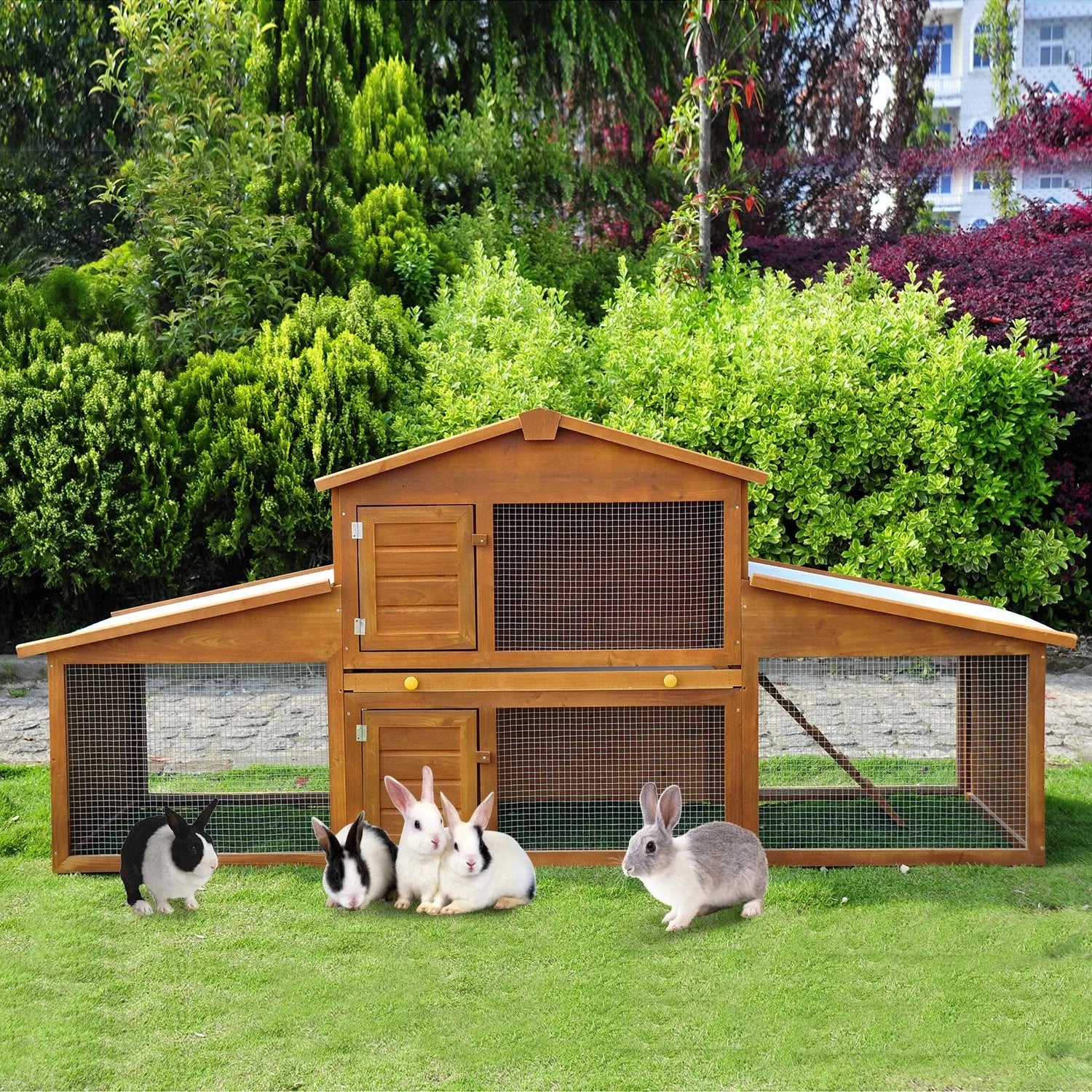 PawHut Small Animal Deluxe XXL Fir Wood 2-Tier Guinea Pigs Hutches Natural Wood Tone 