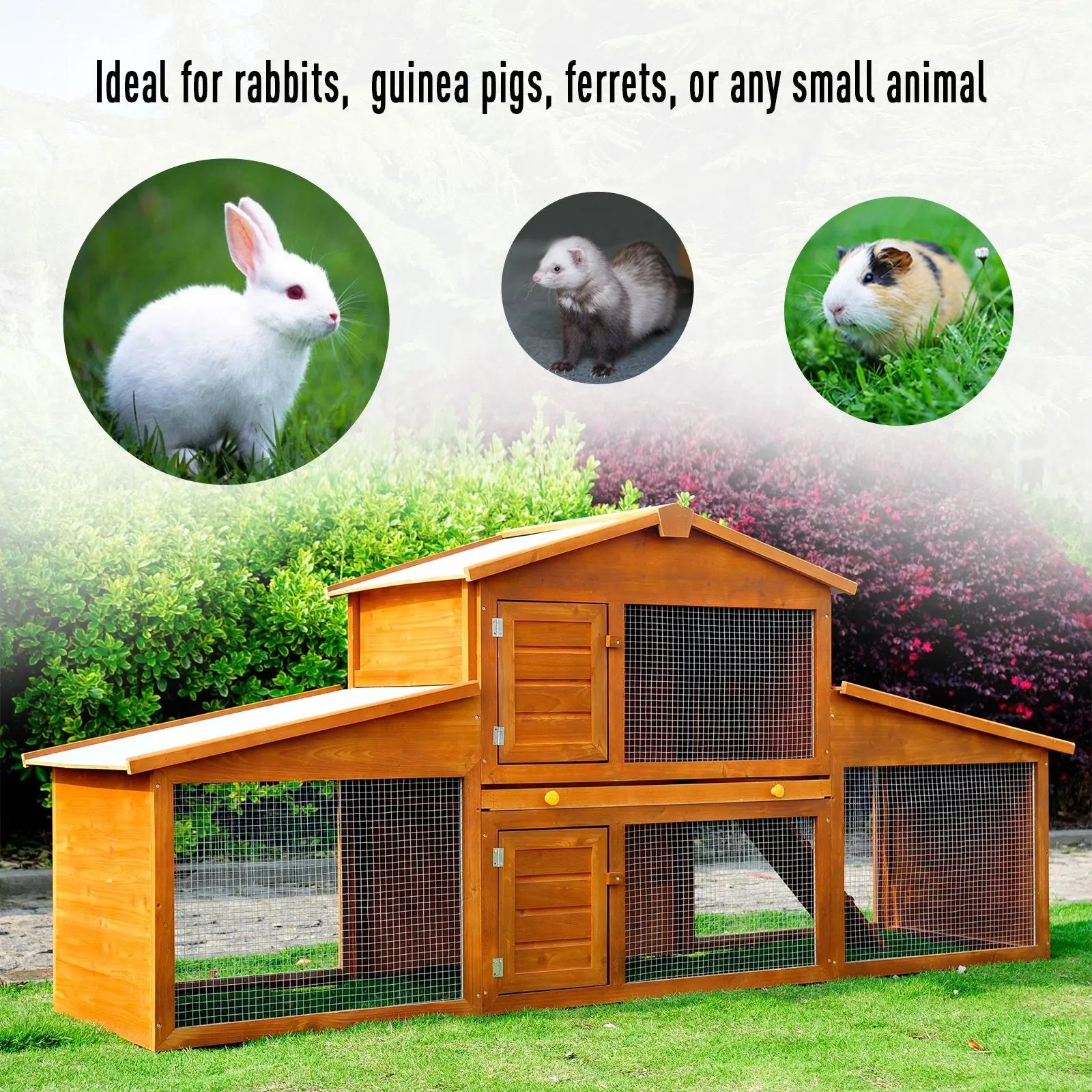 PawHut Small Animal Deluxe XXL Fir Wood 2-Tier Guinea Pigs Hutches Natural Wood Tone 