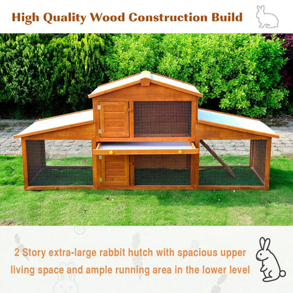 PawHut Small Animal Deluxe XXL Fir Wood 2-Tier Guinea Pigs Hutches Natural Wood Tone 