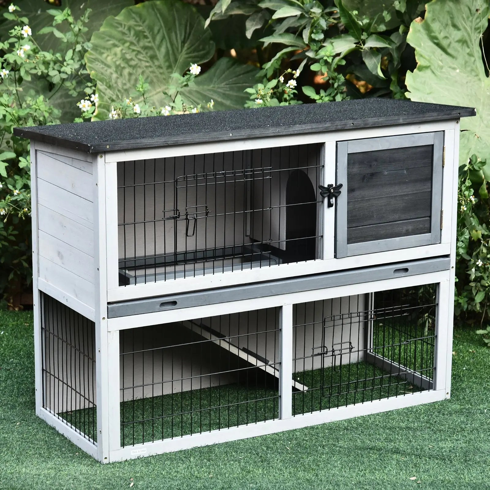 PawHut Small Animal Two-Level Fir Wood Guinea Pigs Hutches Bunny Cage w/ Slide Out Tray Grey 