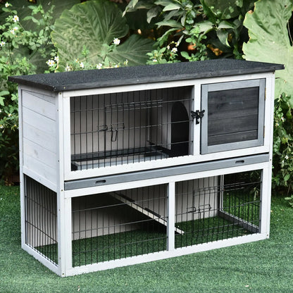 PawHut Small Animal Two-Level Fir Wood Guinea Pigs Hutches Bunny Cage w/ Slide Out Tray Grey 
