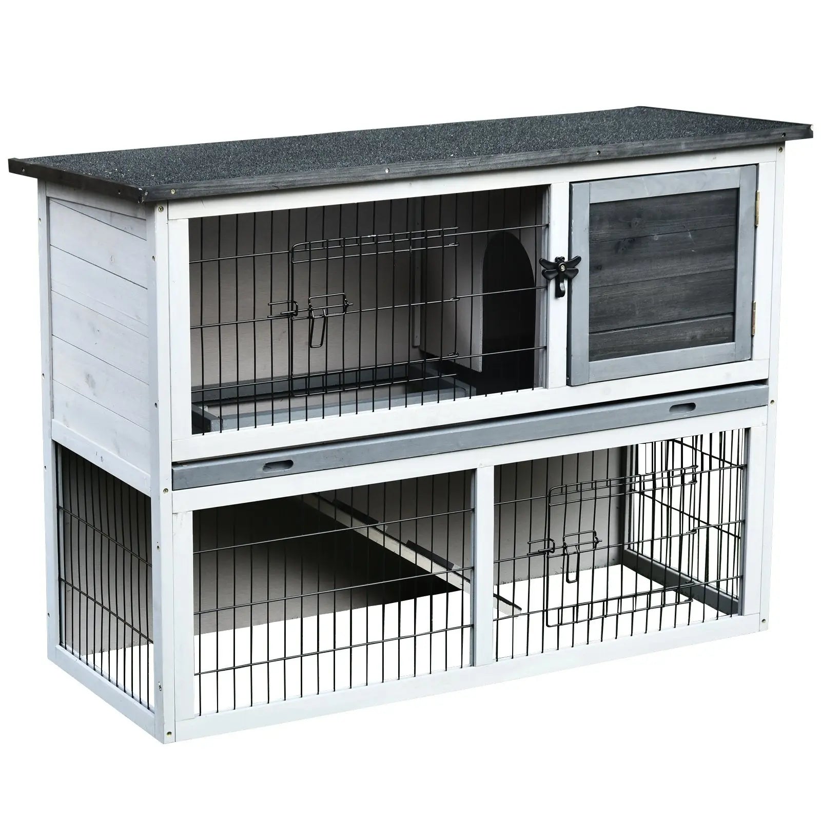 PawHut Small Animal Two-Level Fir Wood Guinea Pigs Hutches Bunny Cage w/ Slide Out Tray Grey 