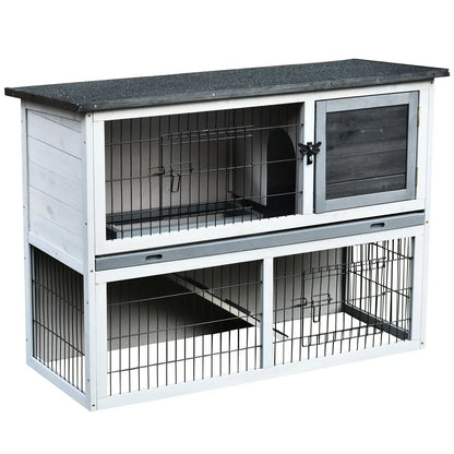 PawHut Small Animal Two-Level Fir Wood Guinea Pigs Hutches Bunny Cage w/ Slide Out Tray Grey 