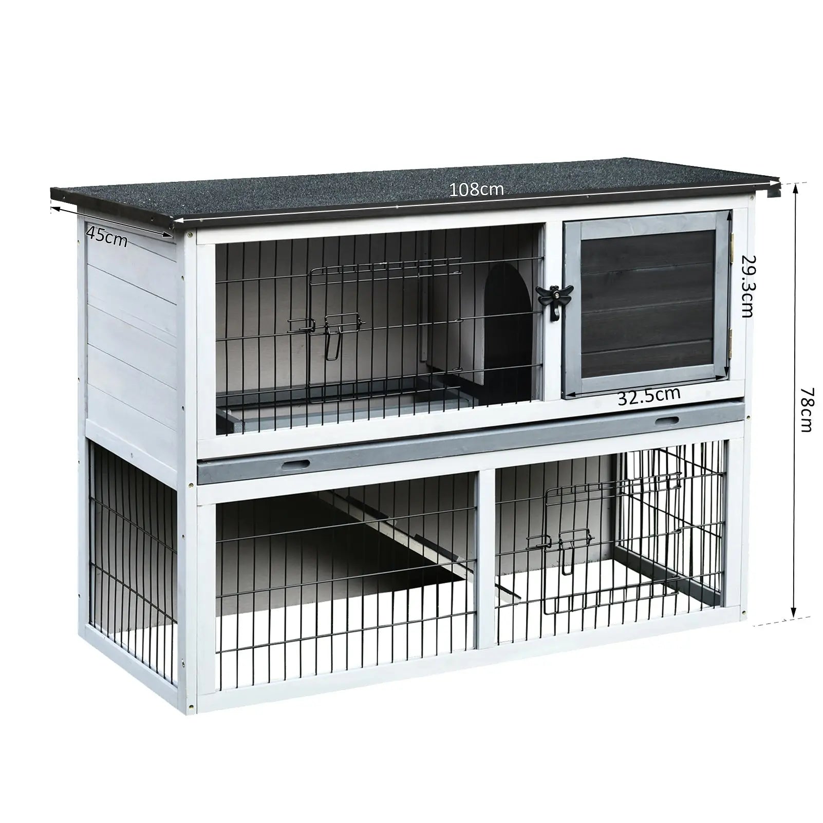 PawHut Small Animal Two-Level Fir Wood Guinea Pigs Hutches Bunny Cage w/ Slide Out Tray Grey 