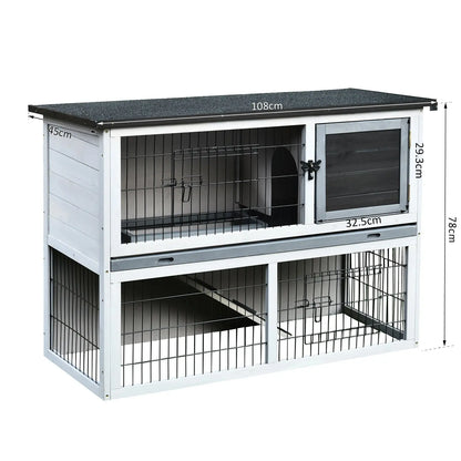PawHut Small Animal Two-Level Fir Wood Guinea Pigs Hutches Bunny Cage w/ Slide Out Tray Grey 