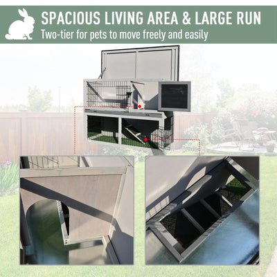 PawHut Small Animal Two-Level Fir Wood Guinea Pigs Hutches Bunny Cage w/ Slide Out Tray Grey 
