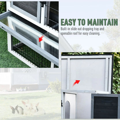 PawHut Small Animal Two-Level Fir Wood Guinea Pigs Hutches Bunny Cage w/ Slide Out Tray Grey 