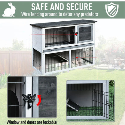 PawHut Small Animal Two-Level Fir Wood Guinea Pigs Hutches Bunny Cage w/ Slide Out Tray Grey 