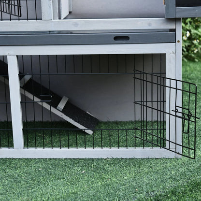 PawHut Small Animal Two-Level Fir Wood Guinea Pigs Hutches Bunny Cage w/ Slide Out Tray Grey 