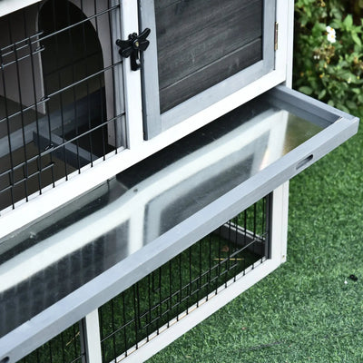PawHut Small Animal Two-Level Fir Wood Guinea Pigs Hutches Bunny Cage w/ Slide Out Tray Grey 
