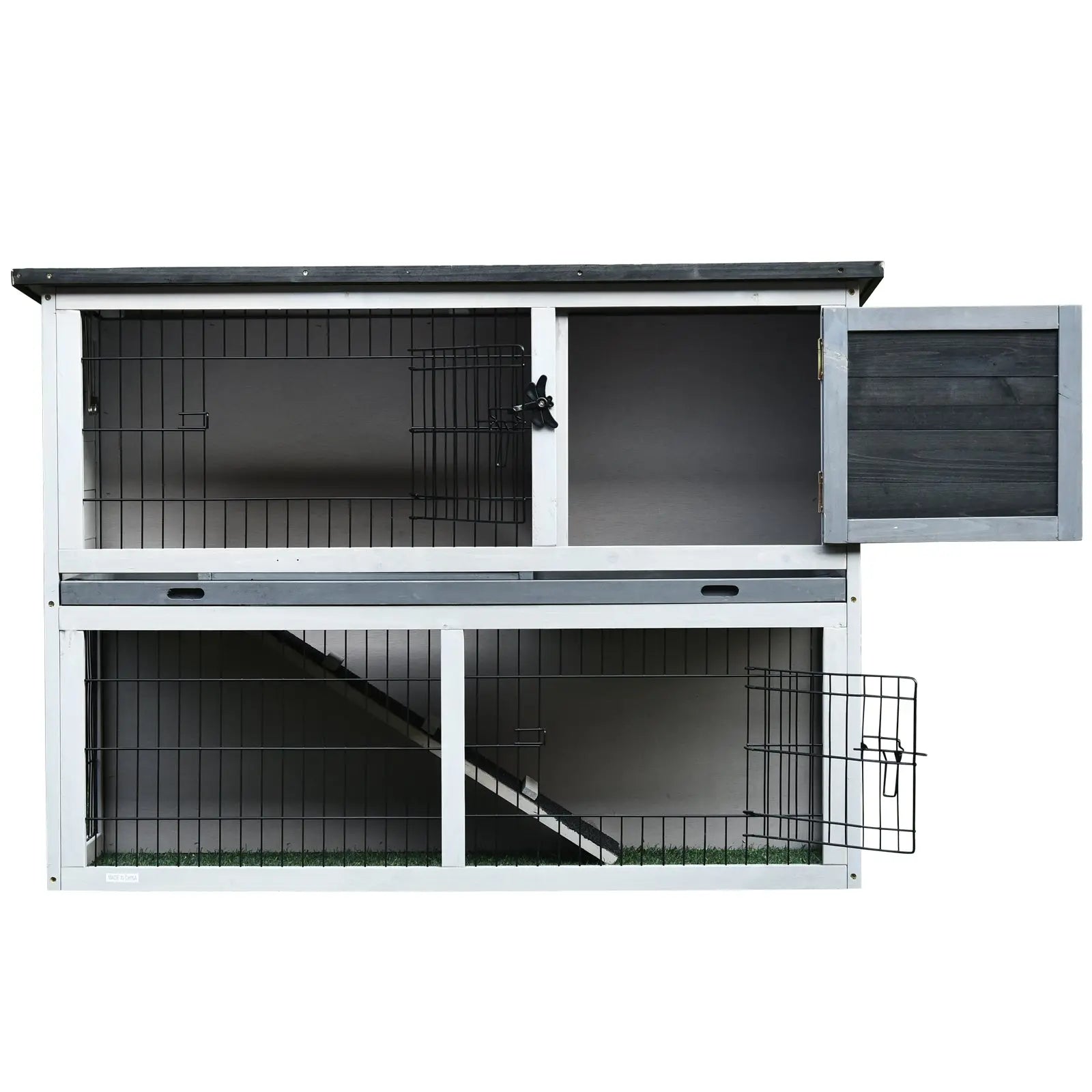 PawHut Small Animal Two-Level Fir Wood Guinea Pigs Hutches Bunny Cage w/ Slide Out Tray Grey 