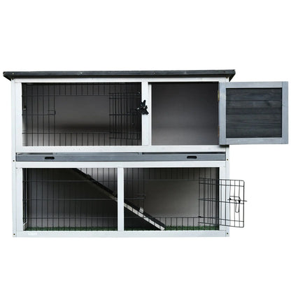 PawHut Small Animal Two-Level Fir Wood Guinea Pigs Hutches Bunny Cage w/ Slide Out Tray Grey 
