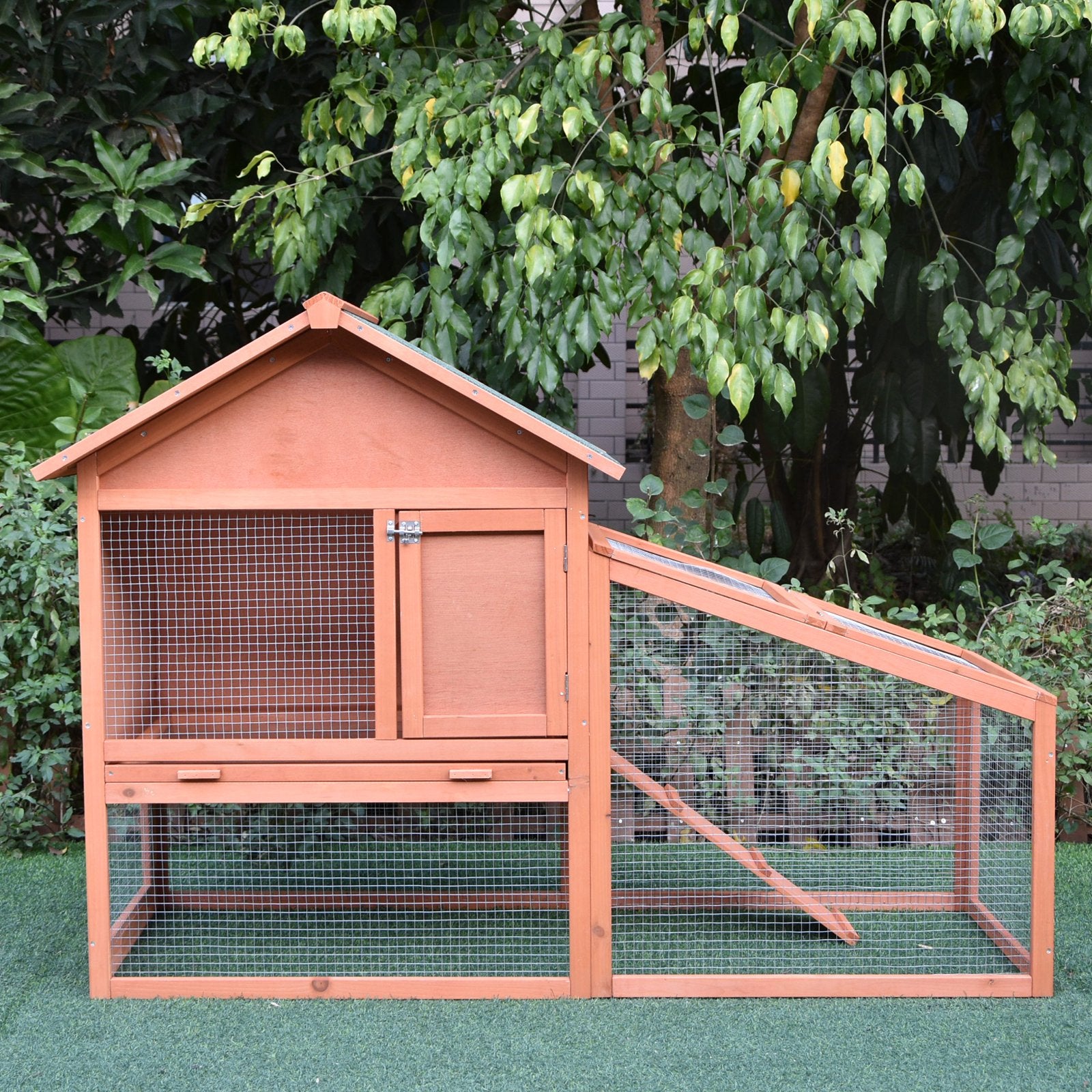 PawHut Small Animal Two-Level Fir Wood Guinea Pigs Hutches w/ Slide Out Tray Red/Brown 