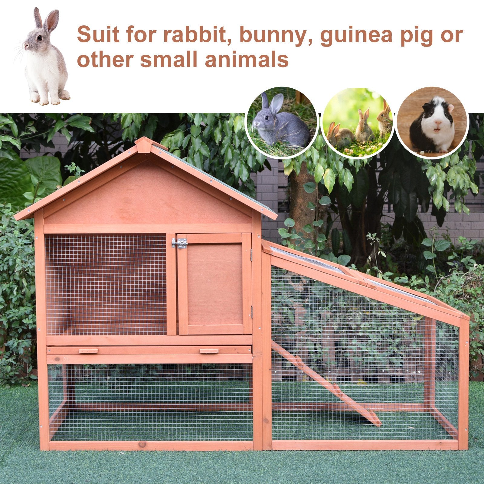 PawHut Small Animal Two-Level Fir Wood Guinea Pigs Hutches w/ Slide Out Tray Red/Brown 