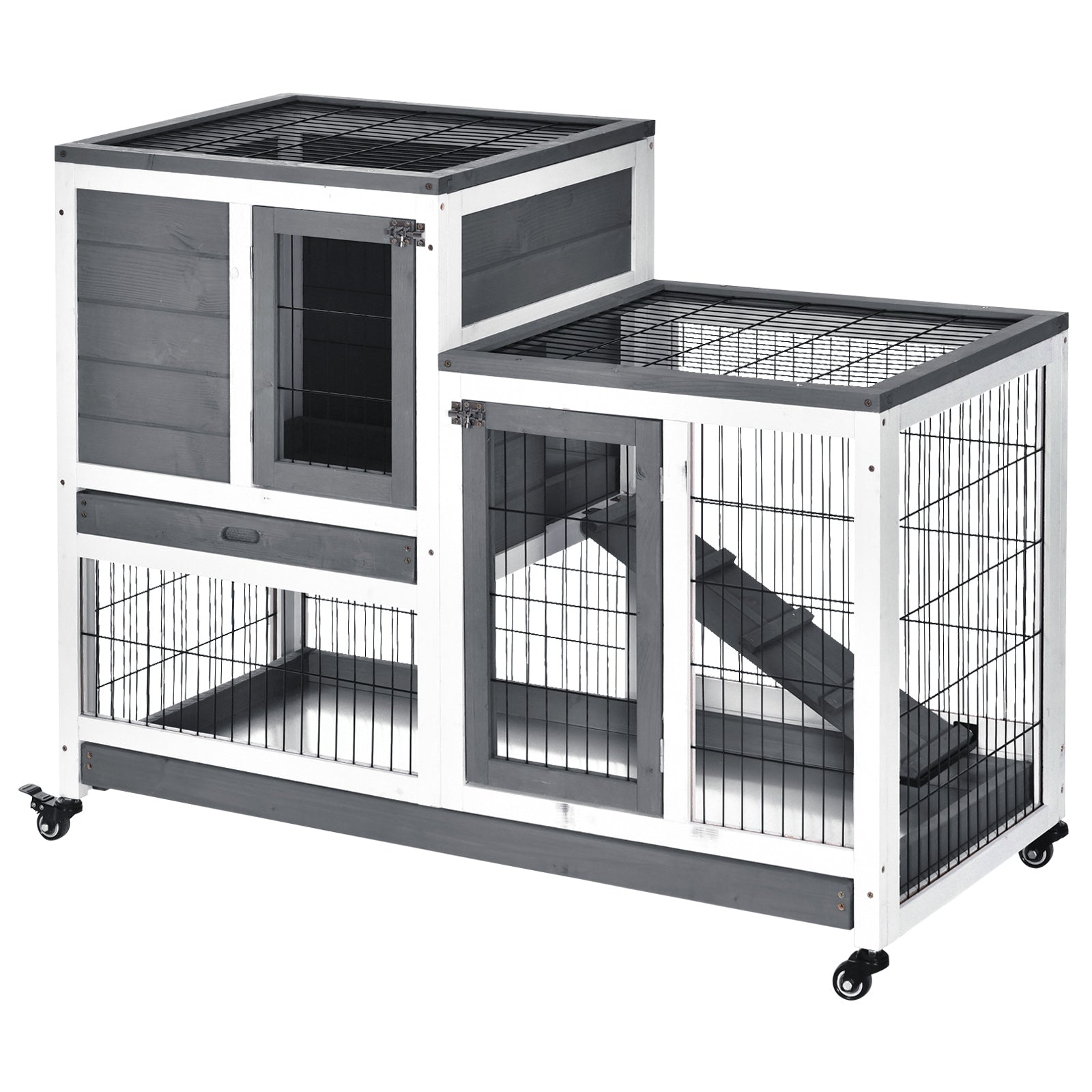 PawHut Small Animals 2-TierFir Wood Guinea Pigs Hutches Indoor Hutch Grey 