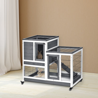 PawHut Small Animals 2-TierFir Wood Guinea Pigs Hutches Indoor Hutch Grey 